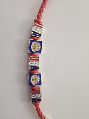 USA Themed Braided Red Bracelet with Blue Enamel Charms
